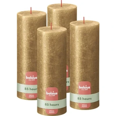 Obrázek Bolsius Rustik Stumpenkerzen Shimmer Gold Set 4 Stück Dekorative Haushaltkerzen Länge Brenndauer 85 Stunden Unparfümierte Natürliches Pflanzenwachts Ohne Palmöl 19 x 7 cm