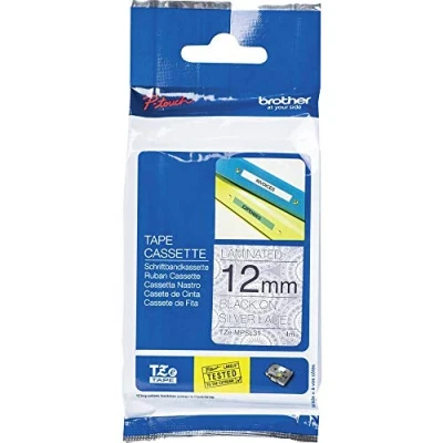 Obrázek Brother Originální P touch páska TZe MPSL31 (12 mm široká, mimo jiné pro H100LB/R, H105, H200, E100/VP, D200/BW/VP, D210/VP, délka 4 m, laminovaná) černá na stříbrných špičkách