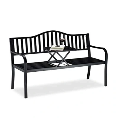 Obrázek Relaxdays Zahradní lavice se skládacím stolem, 3místná odkládací plocha, robustní lavice, V x h: 90 150 57,5 cm, černá