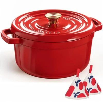 Obrázek Overmont Pekáč, smaltovaný, litinový hrnec Dutch Oven 26 cm, vhodný do trouby s víkem a kuchařkou pro pečení kuchyně, na pečení, červené