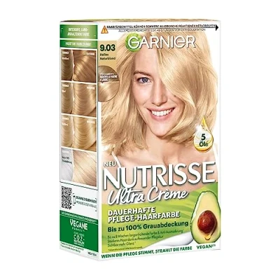 Obrázek Garnier Intenzivní Creme Coloration, zakrytí šedin, proti vysoušení pro lesknoucí vlasy, se 3 živými oleji, drážky, 9.03 světlý přírodní blond, balení 1 ks