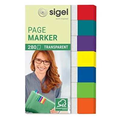 Obrázek SIGEL HN677 zvýrazňovač transparentní, 7 barev, 280 proužků ve formátu 12 x 50 mm, z papíru