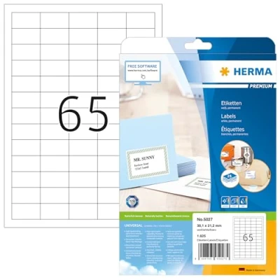 Obrázek HERMA 5027 univerzální etikety, 25 listů, 38,1 x 21,2 mm, 65 na arch A4, 1625 kusů, samolepicí, s možností potisku, matné, prázdné papírové lepicí etikety nálepky, bílé