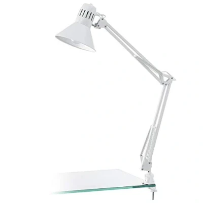Obrázek EGLO Tischlampe Firmo, 1 flammige Klemmlampe Vintage, Industrial, Retro, Schreibtischlampe aus Stahl und hochwertigem Kunststoff, Klemmleuchte in Weiß glänzend, Lampe mit Schalter, E27 Fassung