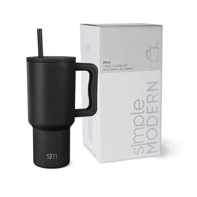 Obrázek Simple Modern Termohrnek s brčkem a rukojetí Izolovaný pohárek z ušlechtilé oceli na pití ledová káva cestovní hrnek dárky pro ženy muže Trek 890 ml Midnight Black