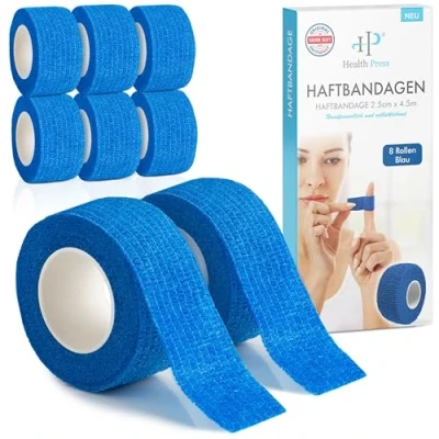Obrázek náplast na prsty samolepicí 8x role (2,5 cm x 4,5 m) obvaz elastická páska voděodolná odolná proti prachu, mastnotě a nečistotám (modrá, 8 rolí)