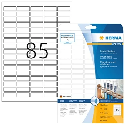 Obrázek HERMA 10917 Power etikety, 25 listů, 37 x 13 mm, 85 na arch A4, 2125 kusů, samolepicí, potisknutelné, extrémně silně přilnavé, prázdné papírové lepicí etikety samolepky, bílé