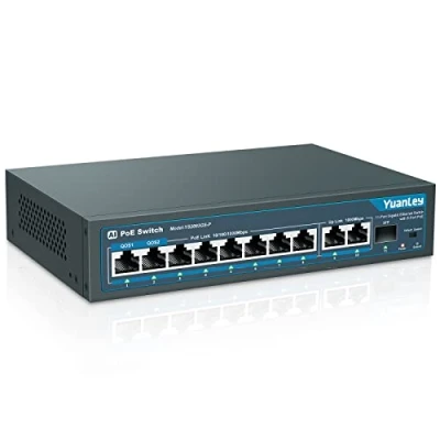 Obrázek YuanLey 11 port Gigabit PoE Switch, 8 PoE+ 1000 Mbit/s, 2 Uplink, 1 SFP Port, 120W 802.3af/at, kov, Qos, nespravovaný Plug and Play Ethernet Smart Detection Switch