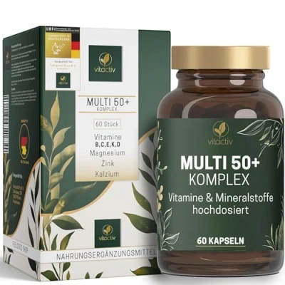 Obrázek Vitactiv MULTI 50 plus multivitamínový komplex lidí od vitamíny, minerály, stopové prvky vitamin B, C, E, K, D, hořčík, vápník, zinek vysoké dávkování, bez hormonů, jódu 60 kapslí