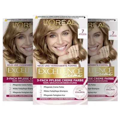 Obrázek L&#039;Oréal Paris Permanentní barva na vlasy, 100% zakrytí šedých vlasů, sada barvení vlasů s barvením, šamponem a 3násobnou pečující krémovou barvou, krém Excellence, 7 střední blond, 3 x 268 g