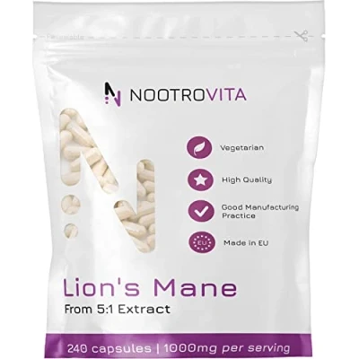 Obrázek Lions Mane Mushroom 240 kapslí lví hříva houba 4 měsíce! prémiový duální extrakt z ovocného těla 1000 mg léčivá Hericium Erinaceus veganská, žádná umělá plniva Nootrovita