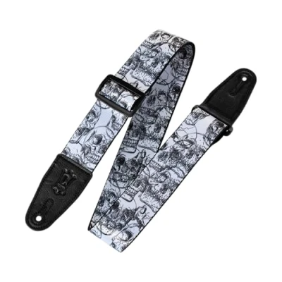 Obrázek Levy&#039;s Sublimační popruh na kytaru (polyester, cca 5 cm široký) černobílý s lebkami