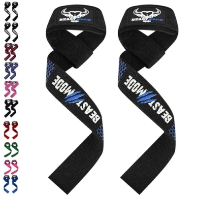 Obrázek BEAST RAGE Zughilfen für Krafttraining (Fitness Straps) Kreuzheben Gurte Frauen Männer (Gepolstert) Gewichthebergurte Baumwolle Handgelenkstütze Griffe Hantel Bar (Lifting (Blaues Silikon)