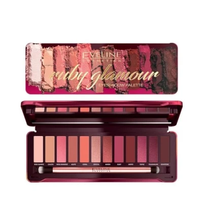 Obrázek Eveline Cosmetics Ruby Glamour paleta očních stínů 12 odstínů inspirovaných drahokamy, míchatelné matné a kovové povrchové úpravy s oboustranným štětcem