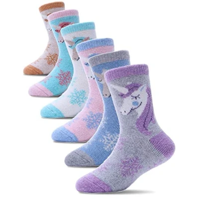 Obrázek PROETRADE Kinder Mädchen Jungen Socken Warme Wolle Wandersocken Sportsocken Wollsocken Dicke Thermosocken Wintersocken Weihnachtssocken Geschenke Kindersocken 6 Paare(Einhorn,4 7 Years)