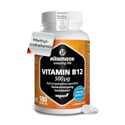 Obrázek Vysoce koncentrovaný vitamín B12 a veganský, methylkobalamin, 500 mcg 180 tablet pro 6měsíční trvalou zásobu, přírodní doplněk stravy bez přísad, vyrobeno v Německu