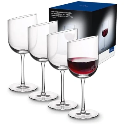 Obrázek Villeroy &amp; Boch Sada pohárů na červené víno NewMoon, 4dílná, elegantní, 405 ml, měřeno po okraji, moderní sklenice pro každý den, křišťálové sklo, čiré, vhodné do myčky