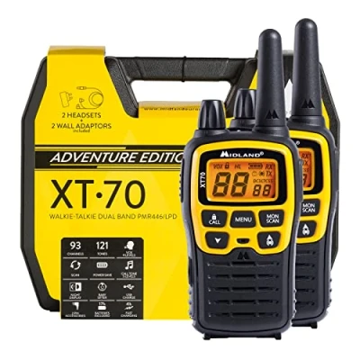 Obrázek Midland XT70 Adventure PMR Walkie Talkie sada kufrů, 2x radiostanice s dosahem až 12 km, LCD displejem a nabíjecí zdířkou micro USB, pro děti outdoorové aktivity