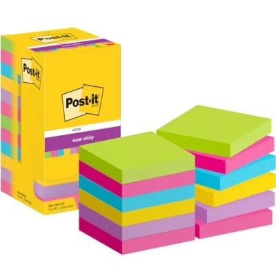 Obrázek Post it Poznámkové bločky se super samolepkami, barevné, výhodné balení s 12 bloky, 90 listů na blok, 76 mm x extra silně lepicí poznámkový list