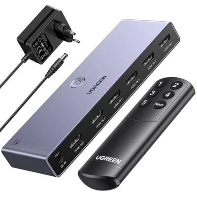 Obrázek UGREEN 8K@60Hz HDMI Switch 5 v 1 Out hliník podpora 4K@240Hz HDR10+ HDCP 2. 3 CEC Splitter s napájecím adaptérem kompatibilní PS5/4 Xbox