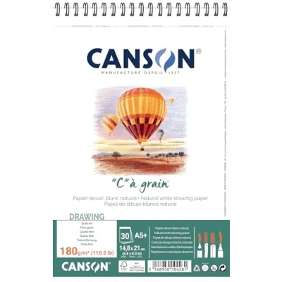 Obrázek Canson 400060623 &quot;C&quot; a grain lehce zrnitý kreslicí papír, 180 g/m2, A5+, 30 listů na blok &quot;Spirála krátké straně&quot;, 148 x 235 mm, bílý