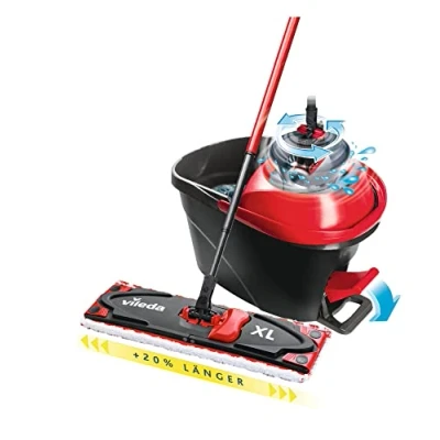 Obrázek Vileda Sada XL stěračů Ultramax Turbo XL, s teleskopickou násadou pro velké plochy, potah na mop z mikrovlákna, kbelík prakem, všechny tvrdé podlahy, Love it Clean, ekologické balení