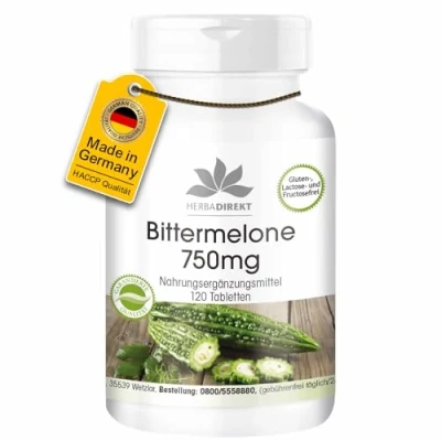 Obrázek Bittermeloun 750 mg 120 tablet ve vysokých dávkách veganský s chromem HERBADIREKT by Warnke Vitalstoffe německá lékárna kvalita