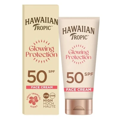 Obrázek Hawaiian Tropic Glowing Protection opalovací krém na obličej, voděodolný s LSF 50 UVA + UVB ochrana, tropická vůně, bambuckým máslem, ml