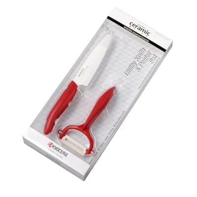 Obrázek Kyocera GEN RED Startovní sada keramický nůž na ovoce a zeleninu se škrabkou čepel 11 cm ergonomická rukojeť extrémně ostrý kuchyňský škrabka kuchařský profesionální