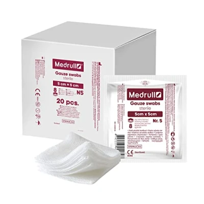 Obrázek Medrull Tampon sterilní obklady 5 cm x Nelepivé obvazy na rány extra savé 8vrstvé balení kusů 20 papírových sáčků (100 kusů)