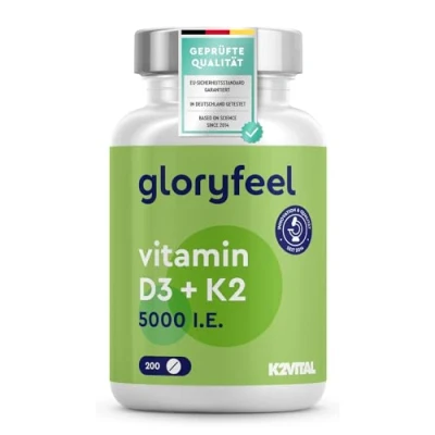 Obrázek Vitamín D3 K2 5000 IE (2+ roky) Premium: K2VITAL® 99,7+% All Trans 200µg Vitamin MK7 vysoká dávka 1 tableta/5 dní laboratorně testováno, vyrobeno bez přísad v Německu