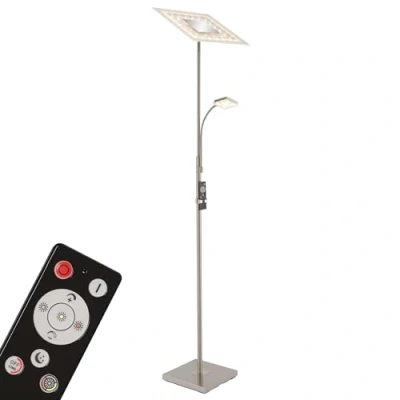 Obrázek Briloner LED stojací lampa s uchem na čtení, plynule stmívatelná dálkovým ovládáním, kov, 28 W, 2500 lumenů, matný nikl, výška: 1,80 m, 24 W