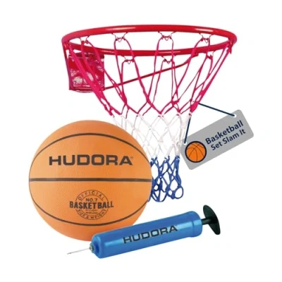 Obrázek HUDORA basketbalová sada Slam It s košíkem, velikost basketbalu 7 &amp; ruční pumpička robustní basketbalový koš pro vnitřní i venkovní použití basketbal z gumy děti a dospělé