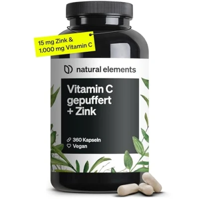 Obrázek Vitamín C 360 kapslí vysoké dávky 1000 mg + 15 zinku rostlinně fermentované a pufrované (pH neutrální, bez kyselin, šetrný k žaludku) laboratorně testováno, veganské vyrobeno v Německu
