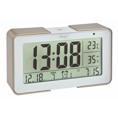 Obrázek TFA Dostmann Rádiový budík Melody, 60.2540.53, s různými tóny buzení (melodie, zvuky zvířat, alarmy), 14 x 4 8 cm, bílá/šampaňská, plast