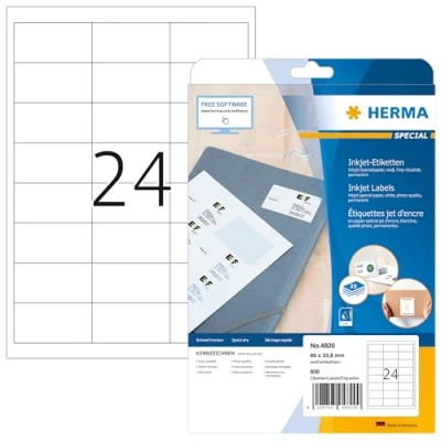 Obrázek HERMA 4820 univerzální etikety pro inkoustové tiskárny, 25 listů, 66 x 33,8 mm, 24 archů A4, 600 kusů, samolepicí, potištěné, matné, prázdné lepicí bílé