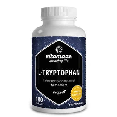 Obrázek L tryptofan ve vysokých dávkách, 500 mg v kapsli, veganský (fermentovaný rostlinný), dosah 6 měsíců, přírodní esenciální aminokyselina, laboratorně testováno a bez přísad, vyrobeno Německu