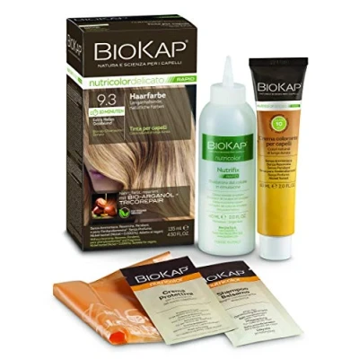 Obrázek BIOKAP RAPID permanentní barva na vlasy 9. 3 extra světlá zlatá blond doba působení pouze 10 minut bio arganový olej TricoREPAIR komplex VEGAN optimální zakrytí šedin až 80 % přírodních