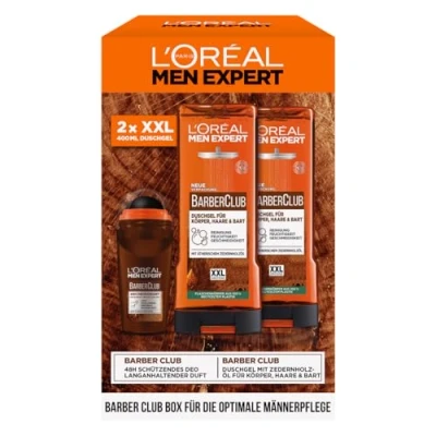 Obrázek L&#039;Oréal Men Expert sada pro péči o muže, dárková s XXL sprchovým gelem a deodorantem, dárky muže včetně Bodywash Deo Roll On olejem z cedrového dřeva, Barber Club, 2 x 400 ml, 1 50 ml