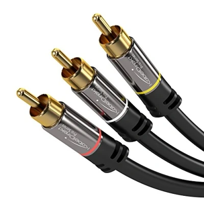 Obrázek KabelDirekt 2 m cinch AV kabel, 3 na cinch, audio/video (koaxiální RCA konektor/konektor, stereo audio a kompozitní video, pro zesilovač/HiFi domácí kino/Blu ray/přijímač, černý)