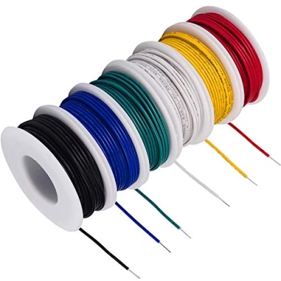 Obrázek TUOFENG 20 awg drát Solid Core Hookup dráty 6 Různé barevné propojovací kabely 26,3 ft nebo 8 m každý, měřicí přístroj pocínovaný měděný PVC (OD: 1. 7 mm) hák nahoře Kit