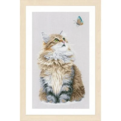 Obrázek LanArte Kreuzstich Stickpackungen für Erwachsene, Set vorgedruckt mit Stickbild auf 100% Baumwoll Stoff und Stickgarn, Stickvorlagen 25 x 42 cm Anleitung, Katze