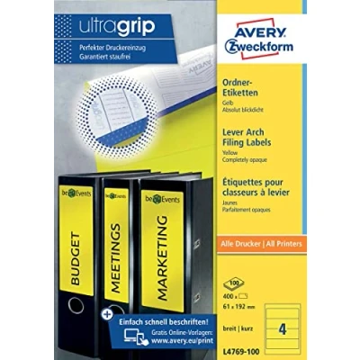 Obrázek AVERY Zweckform L4769 20 Etikety na hřbety pořadačů (80 štítků hřbetu pořadače s ultragripem, 61 x 192 mm A4, široké/krátké, samolepicí, absolutně neprůhledné, potiskovatelné štítky pořadače)