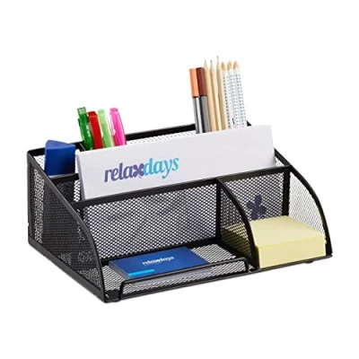 Obrázek Relaxdays Organizér na psací stůl 5 přihrádek, malý kancelářský organizér, kovové pletivo, zásobník tužky, dopisy, černý, 18 x 25,5 10,5 cm