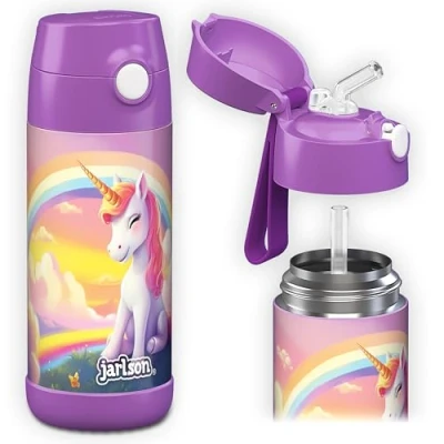 Obrázek Jarlson® Dětská láhev na pití Charli z ušlechtilé oceli s brčkem termoláhev 350 ml testováno TÜV bez BPA zabezpečená proti vytečení do školy, školky jednorožec 2.0,