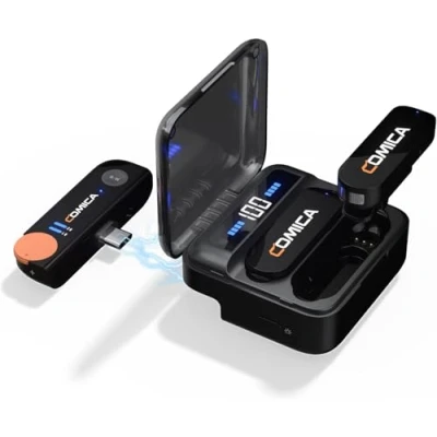 Obrázek comica Vimo s UC 2,4GHz Lavalier bezdrátový mikrofon pro USB C Android Smartphone nabíjecím boxem, přenos 200M, připínací Plug &amp; Play rozhovory mobilními telefony /