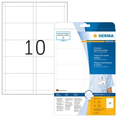 Obrázek HERMA 9011 jmenovky na oděvy perforované, 25 listů, 90 x 54 mm, 10 arch A4, 250 kusů, lze potisknout, nelepivé lepenkové vkládací karty s perforací, bílé