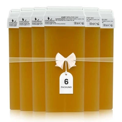 Obrázek DERMAWAX 6x 100 ml sada pro doplnění válečkového vosku teplý vosk citlivou pokožku ideální podpaží, nohy, záda a prsa krémová konzistence (600 ml, med)