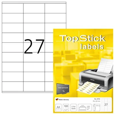 Obrázek TopStick 8704 univerzální etikety, 100 listů, 70 x 32 mm, 27 pro A4 arch, 2700 kusů, samolepicí, s možností potisku, matné, prázdné papírové lepicí bílé