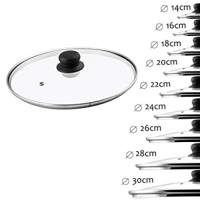 Obrázek KADAX Skleněná poklice, poklice na hrnec ze skla, 14 30 cm, tepelně odolné víko pro hrnec, pánev, pánev s rukojetí z plastu, univerzální různých velikostí (24 cm)